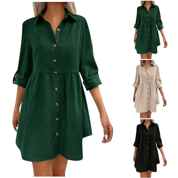 YHAJDS Women's Fall Winter Casual dress,Women's Dresses Casual Dress Solid Color 7 Sleeve Button Maternity Shirt Dress Striped Fabric Dress for Fall and Winter