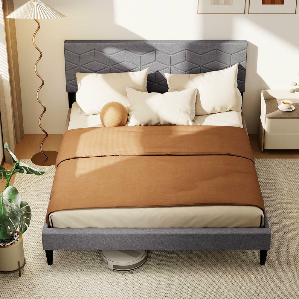GVN Queen Size Sturdy Bed Frame with Linen Fabric Upholstered Headboard, Bedroom Platform Bed Frame for Apartment, Bedroom, Gray