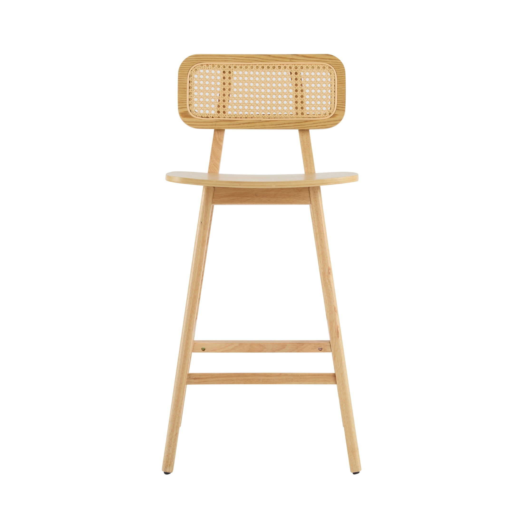 Christopher Knight Home 25.75" Mid-Century Modern Barstools with Rattan Backrest and Solid Wood Frame, Natural, Set of 2