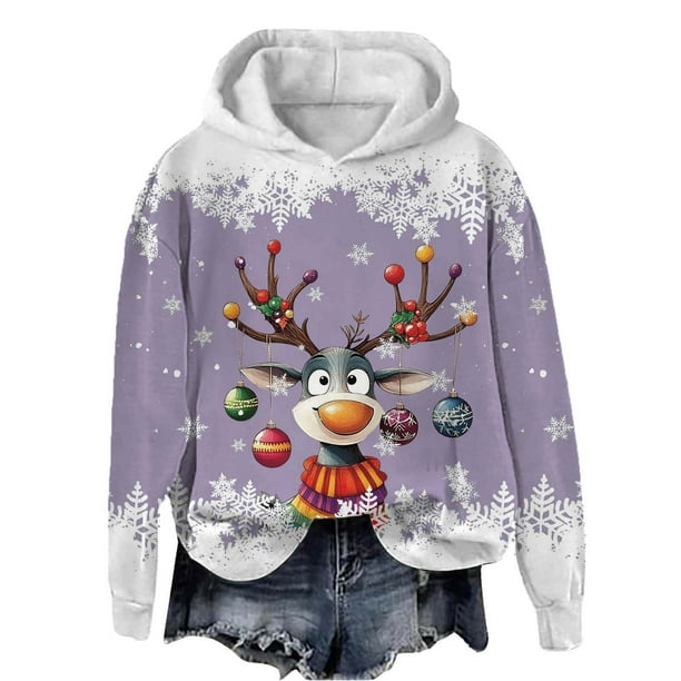 WILLBEST Sudadera Deportiva para Mujer, Estilo Casual, con Estampado Navideño de Ciervos con Cabeza Grande y Copos de Nieve, Cuello Redondo, Manga Larga y Capucha Ligera Chica