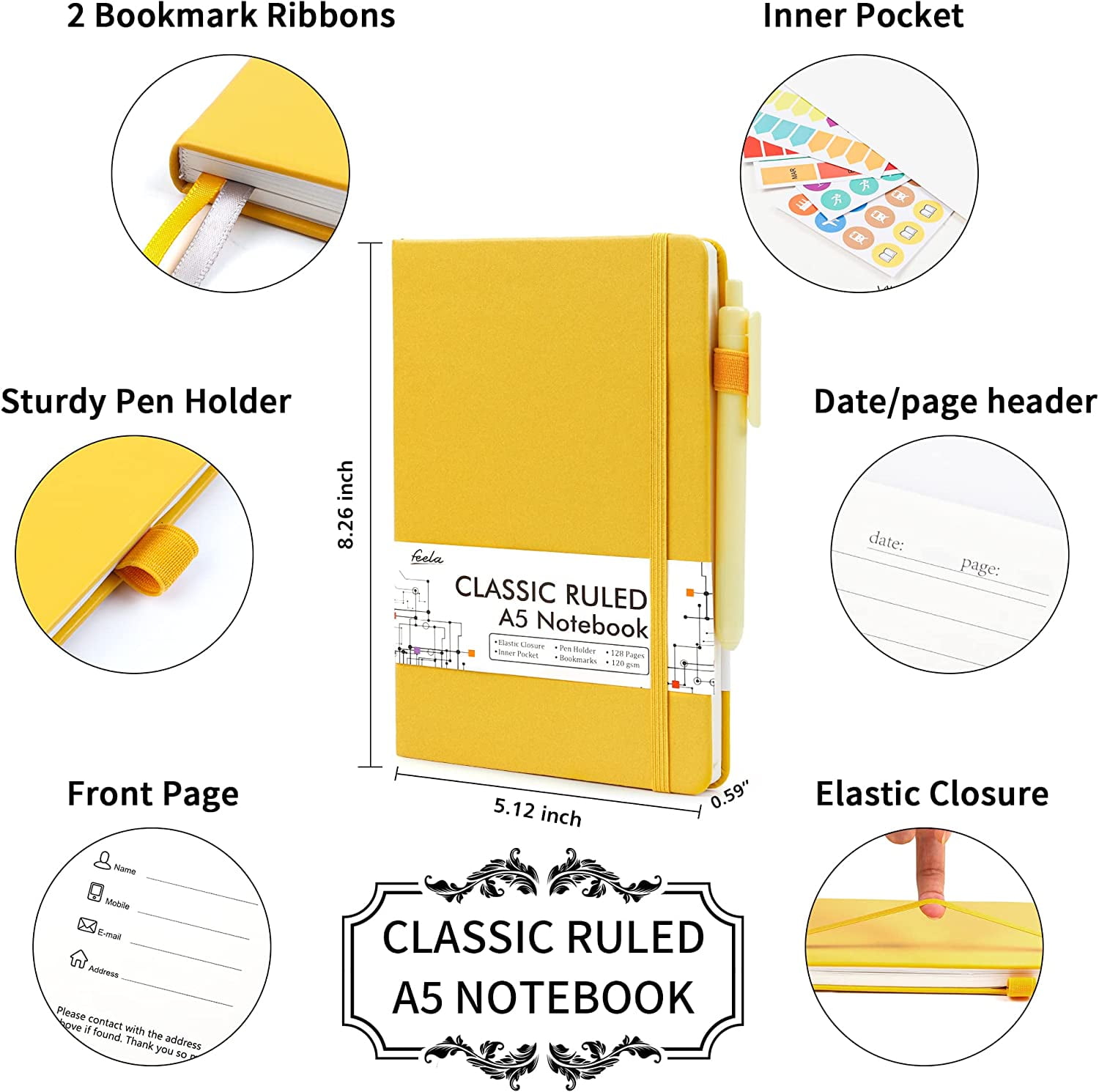 feela Dotted Journal Kit, Dot Grid Journal Hardcover Planner Notebook Set For Beginners Women Note Taking with Journaling Supplies Stencils Stickers Pens Accessories, A5, 224 Pages, Yellow