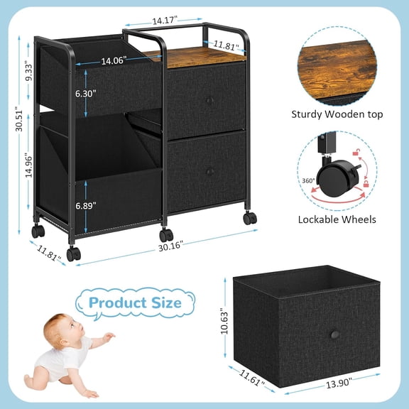 Diaper Caddy Organizer Cart with Drawers and Wheels, 5-Tier Bedside Utility Storage Shelf for Nursery