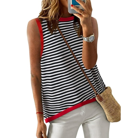 Womens Summer 2025 Casual Striped Color Block High Neck Tank Top Loose Knit High Low Sleeveless Shirts Red L