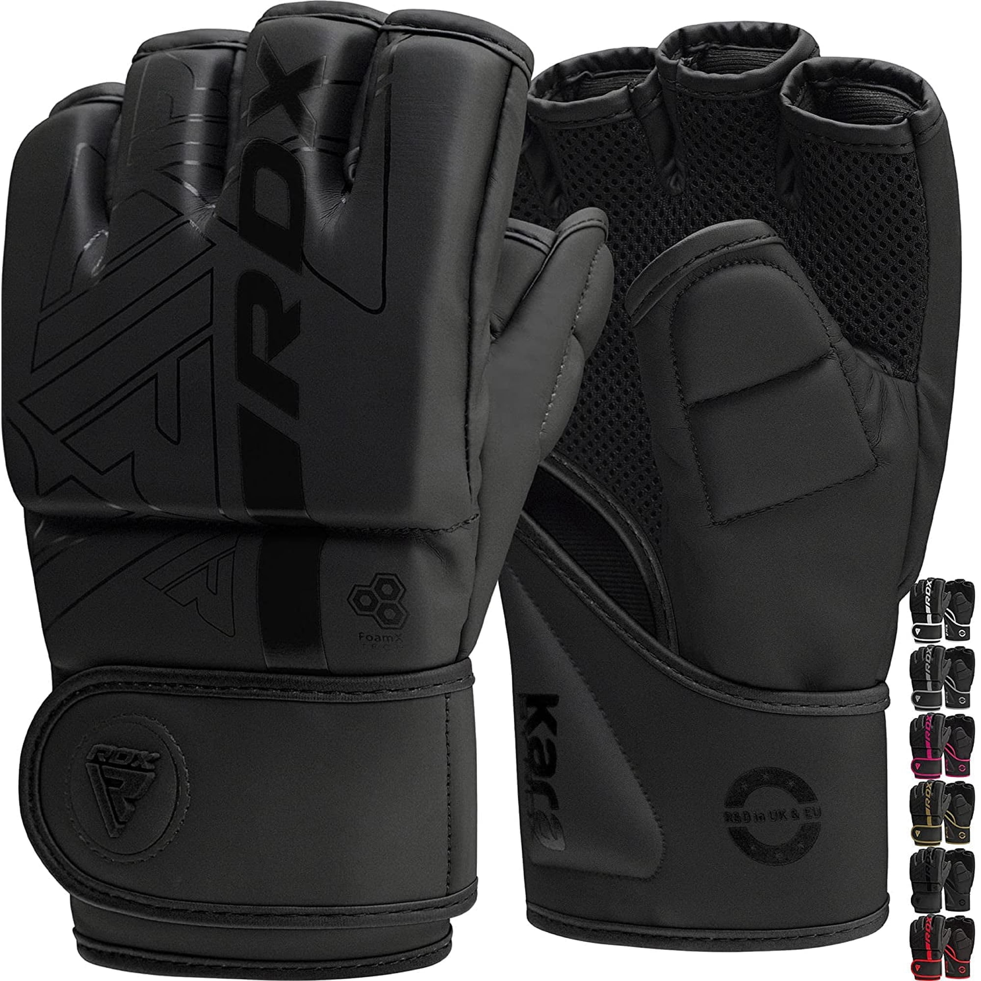 RDX MMA Boxing Gloves Grappling Sparring, Pre-Curved Martial Arts Mitts, Ventilated Palm, Maya Hide Leather KARA, Black, Medium