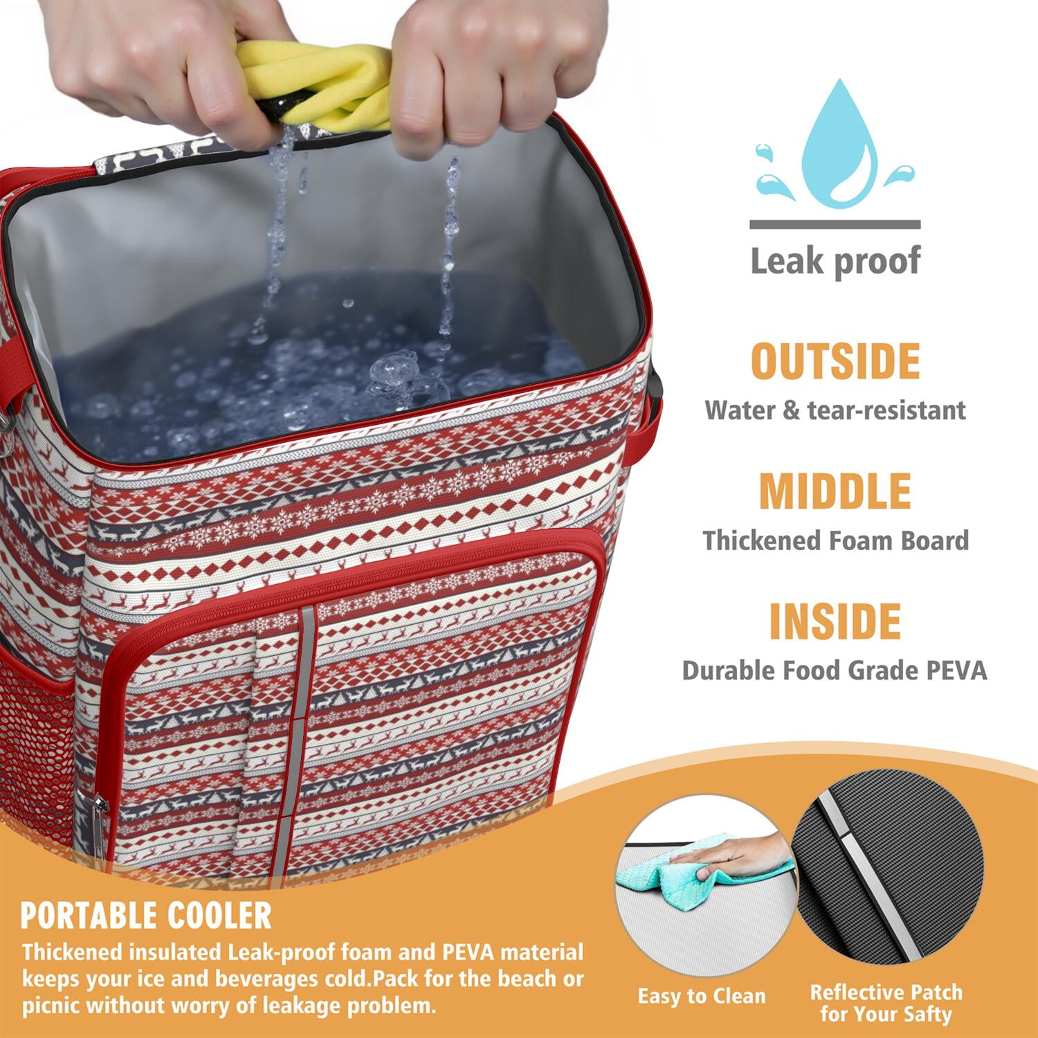 Travel Cooler Bag - Red Christmas Deer and Snowflake Pattern Camping Beer Cooler Backpack with Bottle Opener- Waterproof Insulated Picnic Backpacks - Cooler Bag for Beach