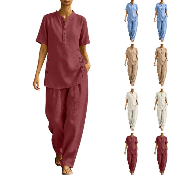 Cekizud 2 Piece Sets for Women Linen Blend Short Sleeve Tunic Top and Wide Leg Pants Casual Outfits Sets,Sizes S-3XL