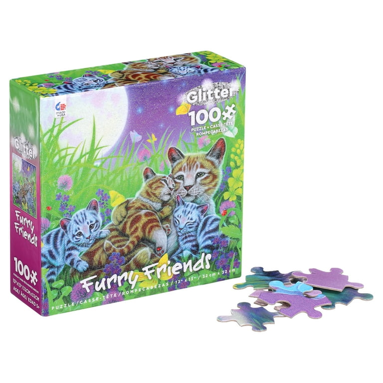Ceaco - Furry Friends Glitter - Family Cat - 100 Piece Kids Jigsaw