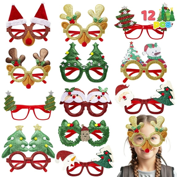 Joyfy 12 Pcs Christmas Eyeglasses Frames Glitter Photo Props for Kids Adult Party Favors Holiday Supplies (One Size Fits All)