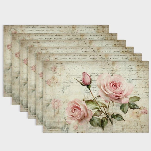 Vintage Rose Placemats Set of 4,12x18 Inch Spring Floral Linen Place Mat Washable Stain Resistant Table Mats for Spring Summer Seasonal Farmhouse Kitchen Party Home Decor