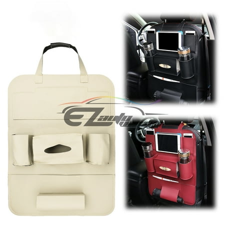Beige Car Seat Back Storage Bag Organizer synthetic leather iPad iPhone Holder