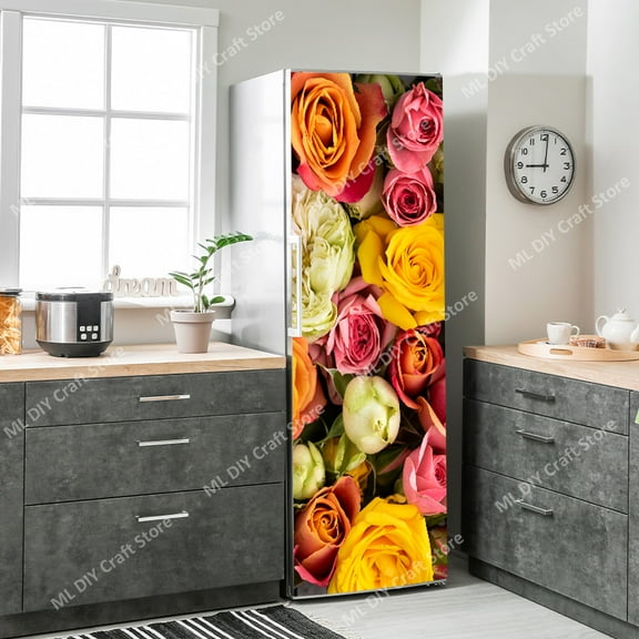 Green Leaves Beautiful Roses Refrigerator Door Wall Stickers Self-adhesive PVC Kitchen Wallpaper Ref