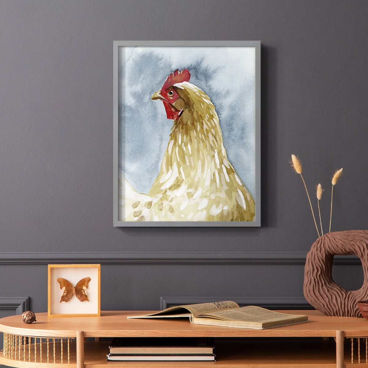 Chicken Portrait I Framed Print in Gray Solid Wood Framed Print No Nail Hanging