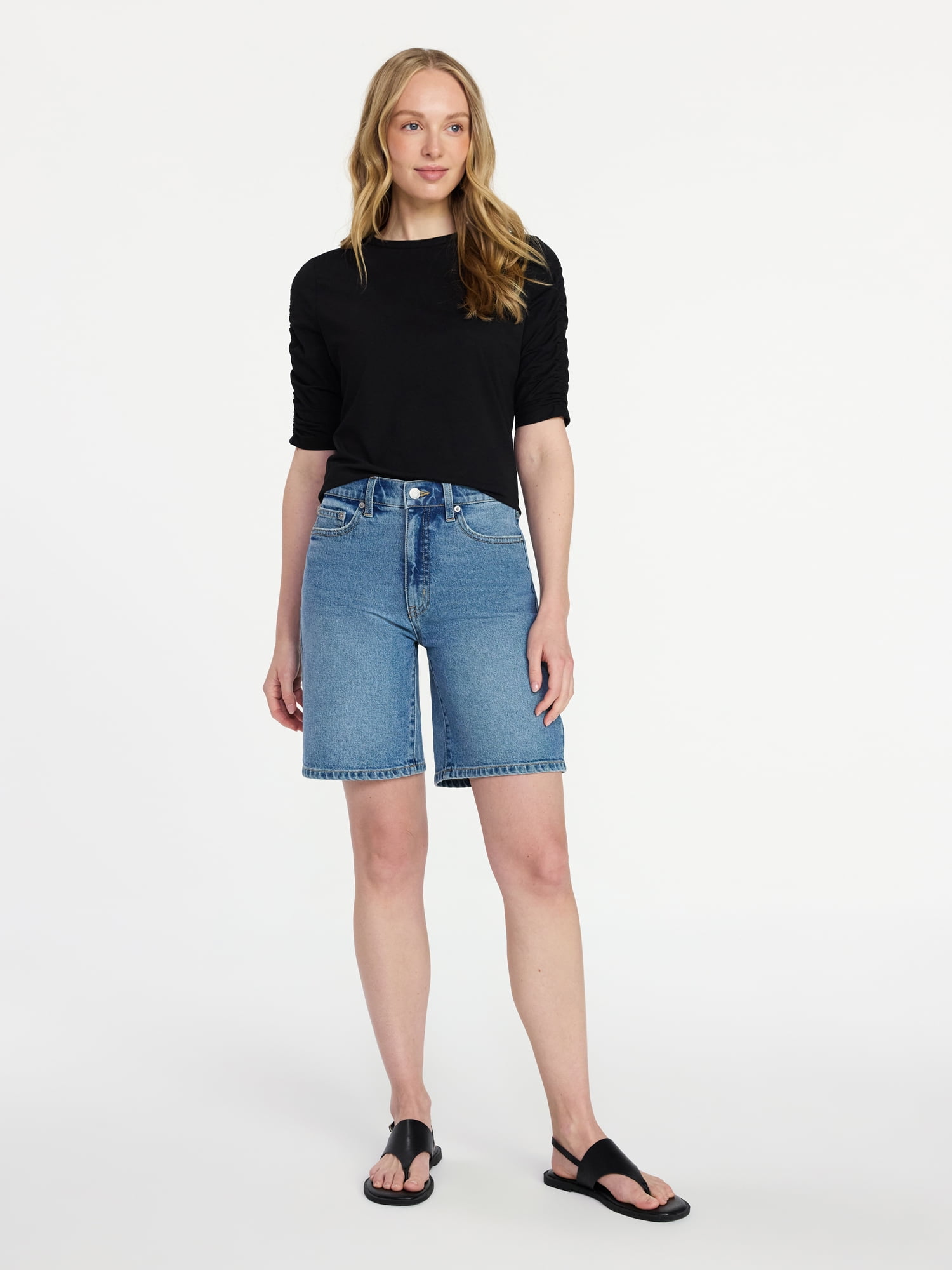 Time and Tru Women's Ruched Elbow Sleeve Tee, Sizes XS-XXXL