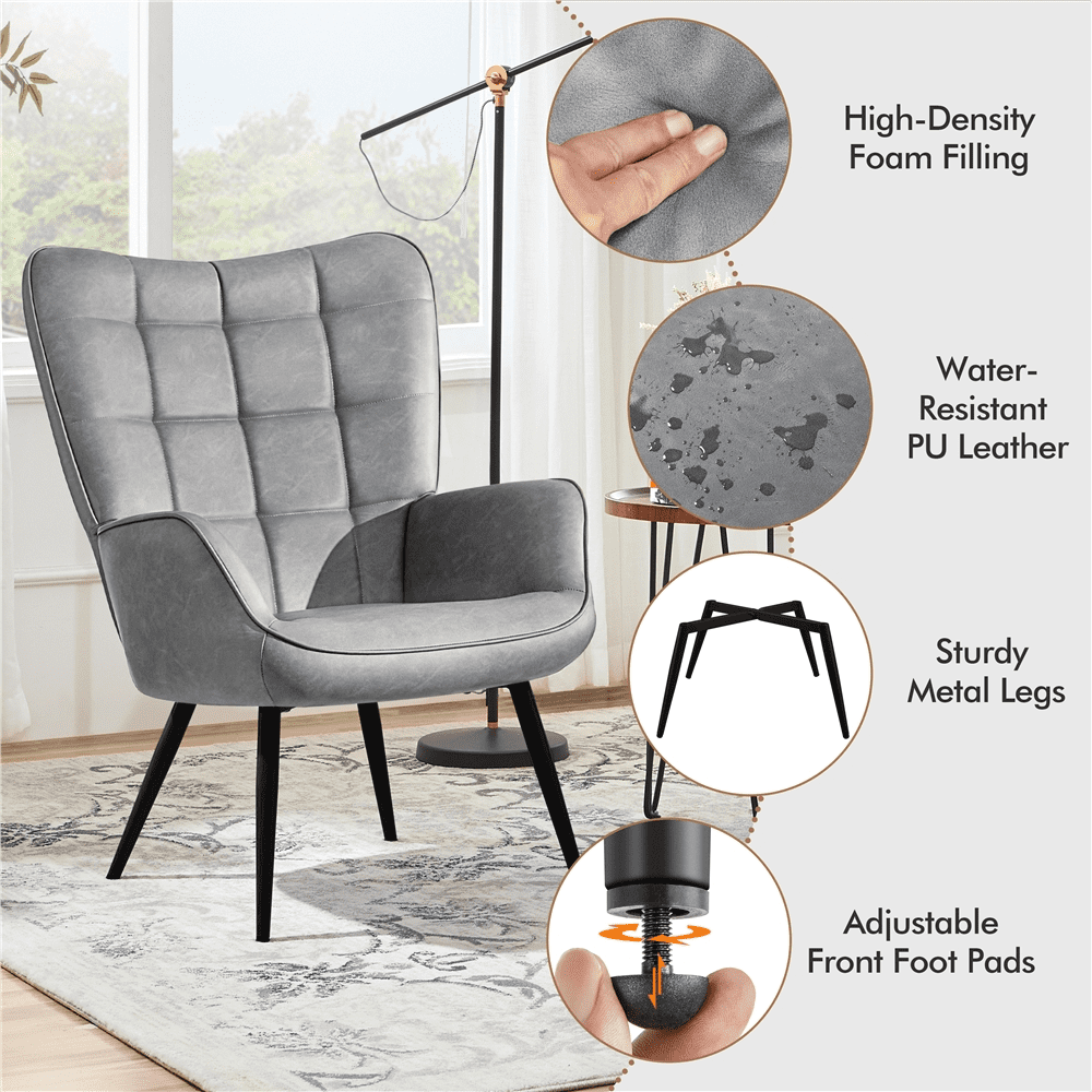 Alden Design Mid-Century Modern Faux Leather Wingback Accent Chair, Gray