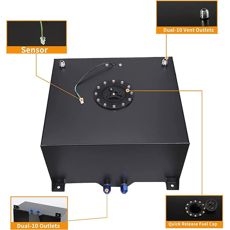 YIUIY 8 GALLON BLACK ALUMINUM FUEL CELL GAS TANK+CAP+LEVEL SENDER+STEEL FUEL LINE KIT