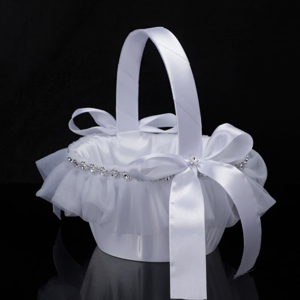 White Wedding Basket for Flower Girl with Rhinestone Satin Bow Decor