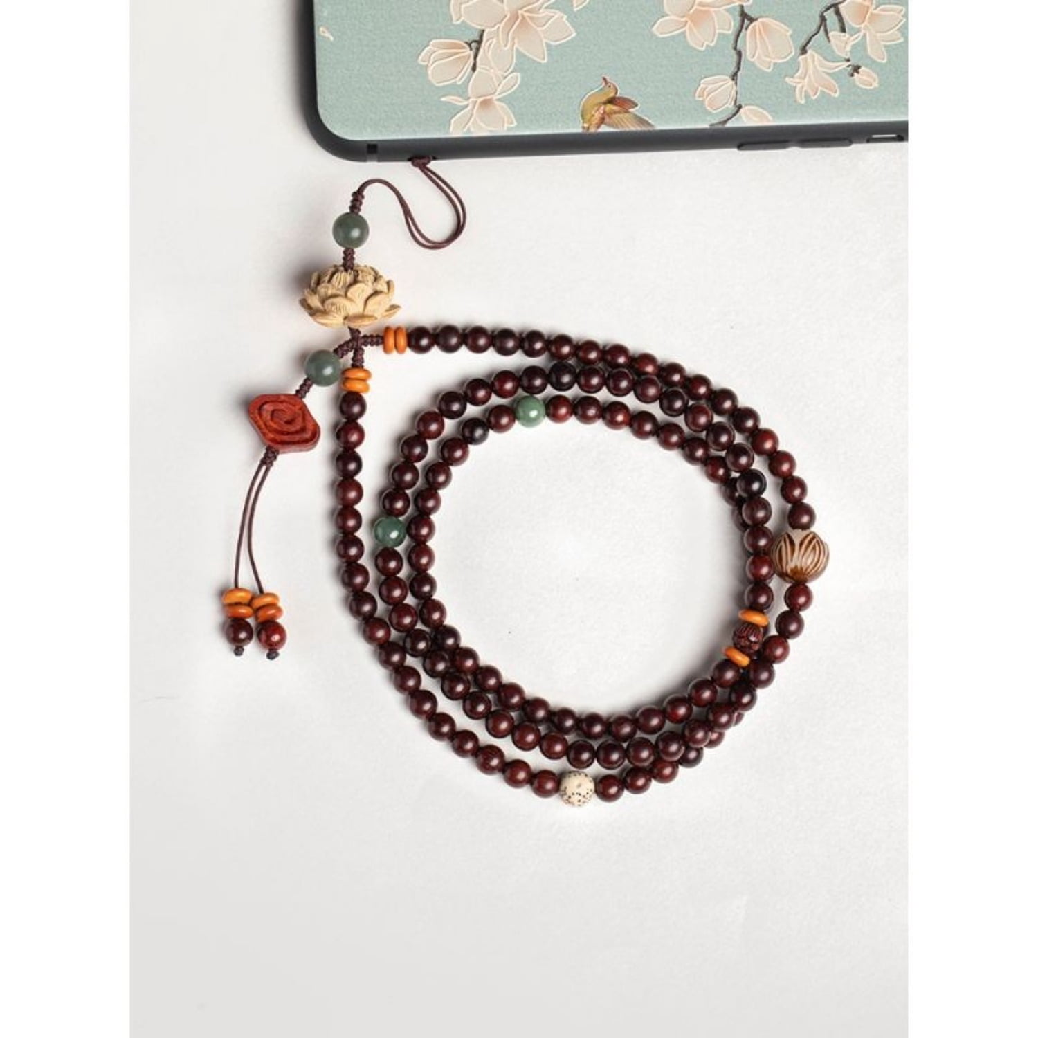 Rosewood Phone Lanyard Lotus Carved Adjustable Neck Strap Buddhist Jewelry Spiritual Gift