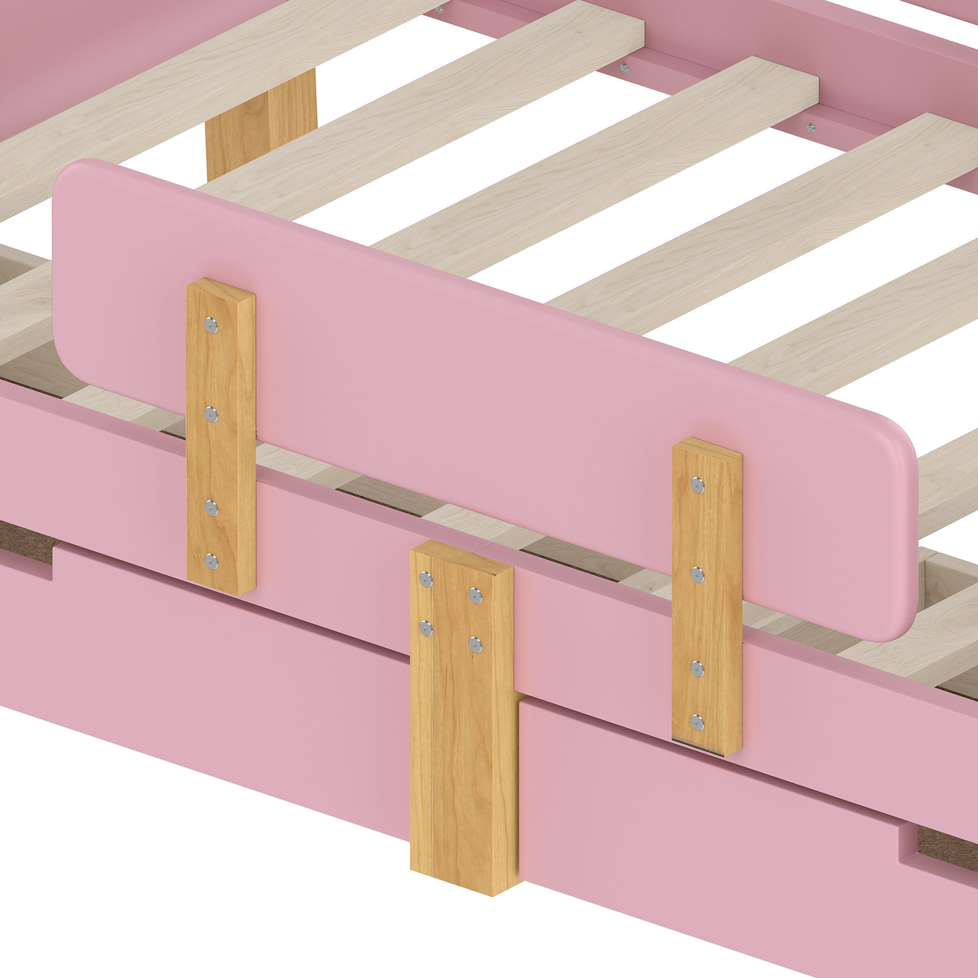 Miniyam Twin Bed with Storage Drawers, Guardrails, Footboard Shelf & Side Hooks for Kid, Pink