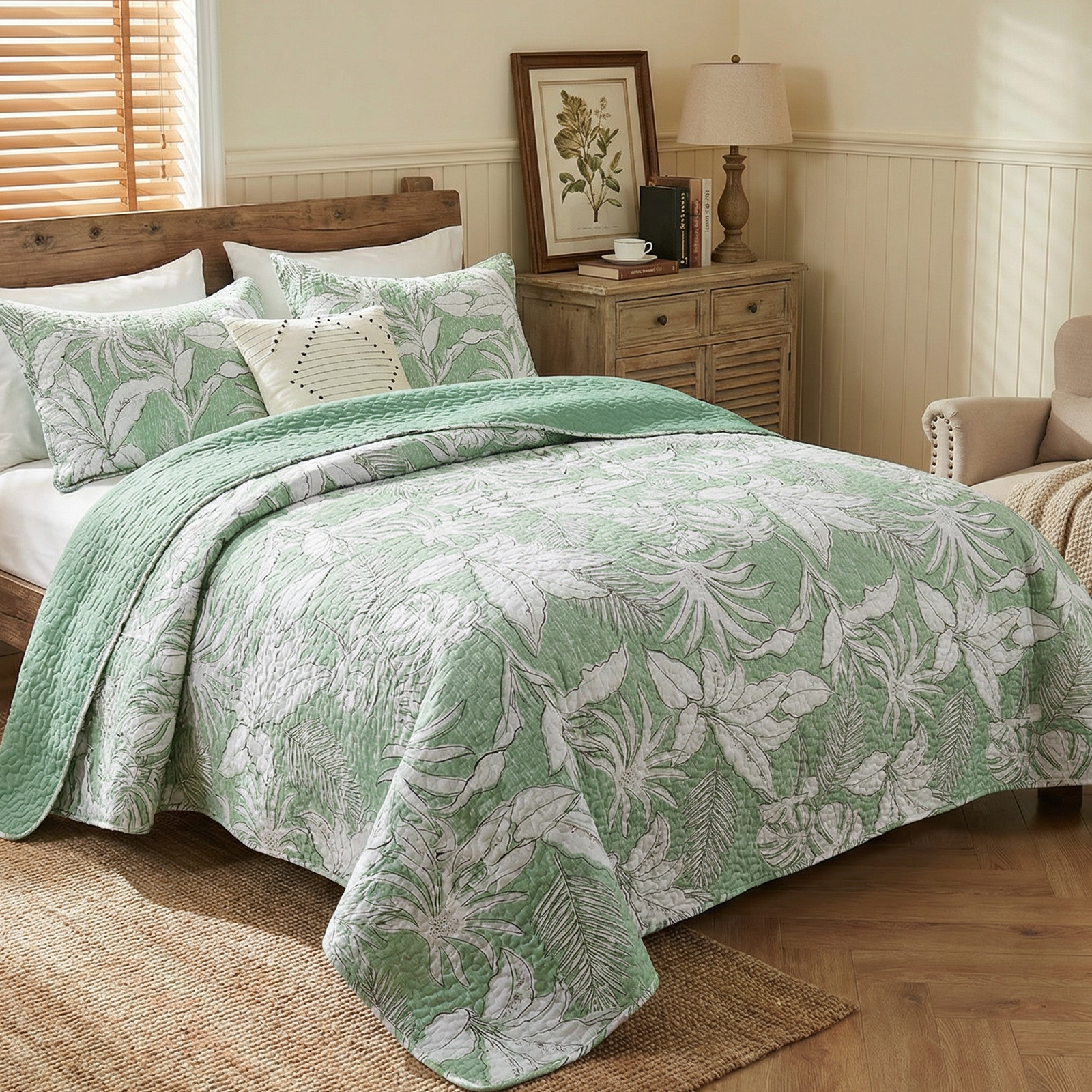 Gogreen Luxury Printed Quilt Set Queen Size, Lightweight Comforter Set, Oversized Bedspread Coverlet Quilted Bedding Set, with 2 Matching Pillowcases, for All Season