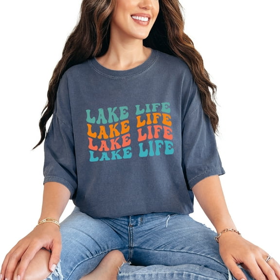 Lake Life, Living on the Lake Themed, Groovy Retro Wavy Text, Denim Comfort Colors T-Shirt, Small