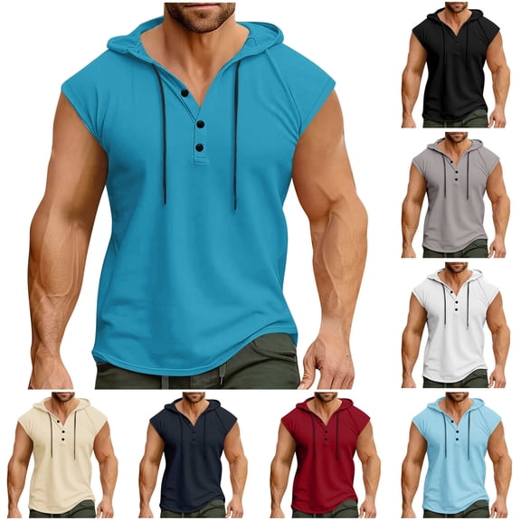 QATAINLAV Mens Summer Henley V Neck Hooded Workout Tops Solid Color Casual Short Sleeve Tee Shirt Red XXXL