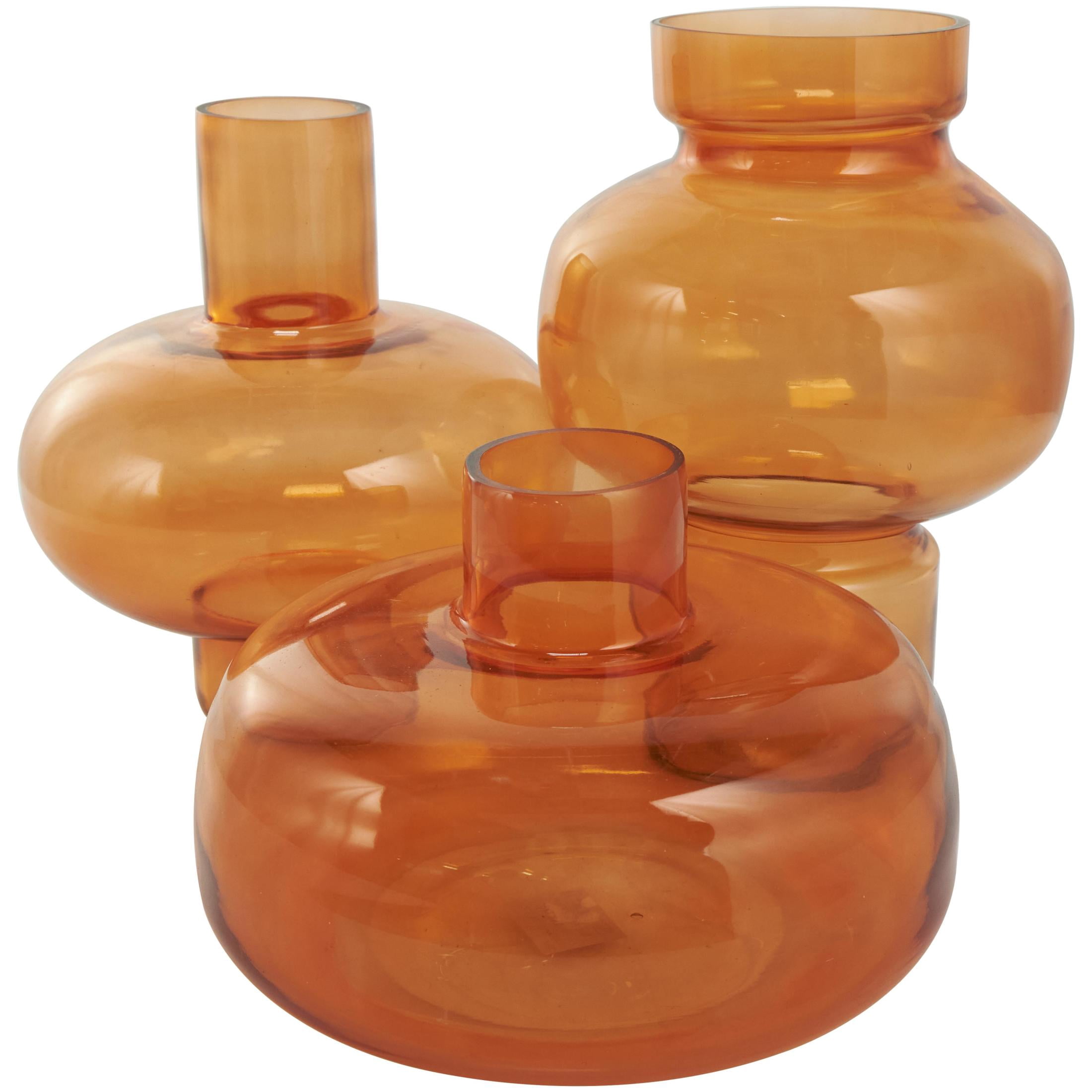 DecMode 12", 10", 7"H Round Orange Glass Vase with Varying Shapes and Sizes, Set of 3