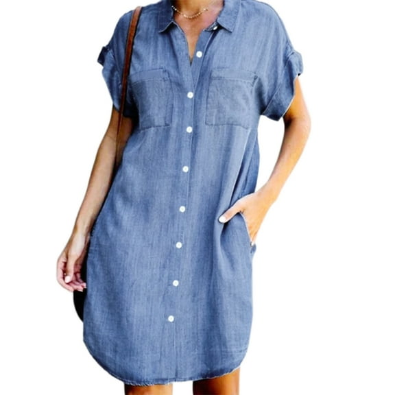 Yokua Womens Dress Short Sleeve Dress Denims Shirt Dress Loose Jean Midi Dress