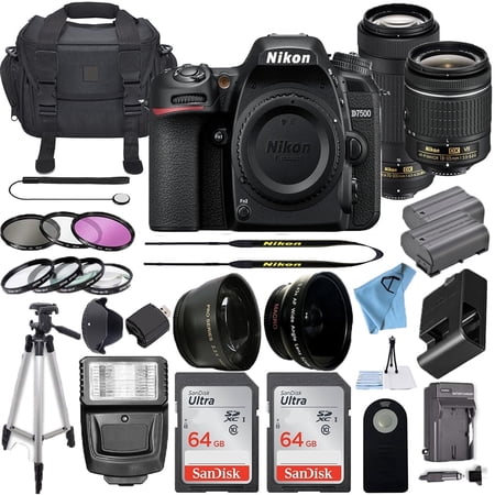 Nikon D7500 20.9MP DSLR Digital Camera W/ 18-55mm VR Lens and 70-300mm ED Lens + 2 Pcs 64GB Memory Card Bundle (Black) (International Version)