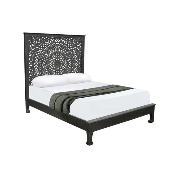Taran Designs Gianna Floral Carved Solid Wood Queen Bed in Black