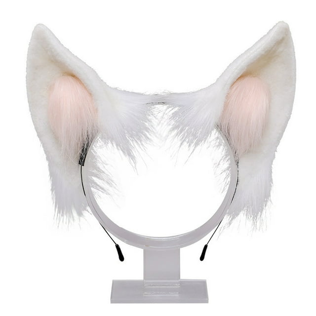 Diadema de orejas de peluche, bonita, cómoda, fina, esponjosa, con orejas de animal y esqueleto blanco