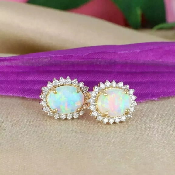 3Ct Oval Lab-Created Fire Opal Halo Stud Earrings 14K Yellow Gold Plated Silver