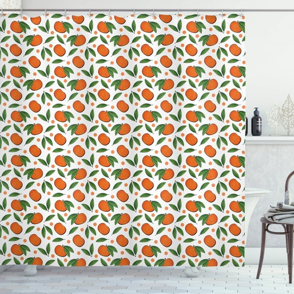 Tangerine Shower Curtain, Cute Pattern of Mandarin Fruit with Leaves and Polka Dots, Fabric Bathroom Set with Hooks, 69W X 75L Inches Long, Fern Green Burnt Orange and White, by Ambesonne