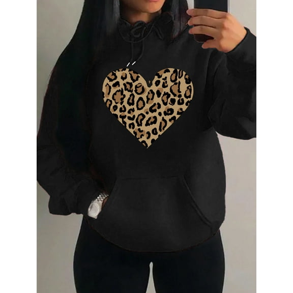 Simple Leopard Print Heart Design Hoody Women Oversize Fleece Hoodies Autumn Hip Hop Sportswear All-Match Fashion Clothing