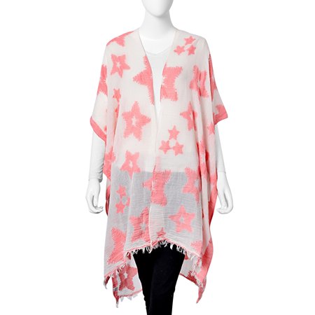 White and Coral 100% Viscose Embroidered Star Pattern Kimono Swimsuit Beach Cover Ups For Women Gifts One Size