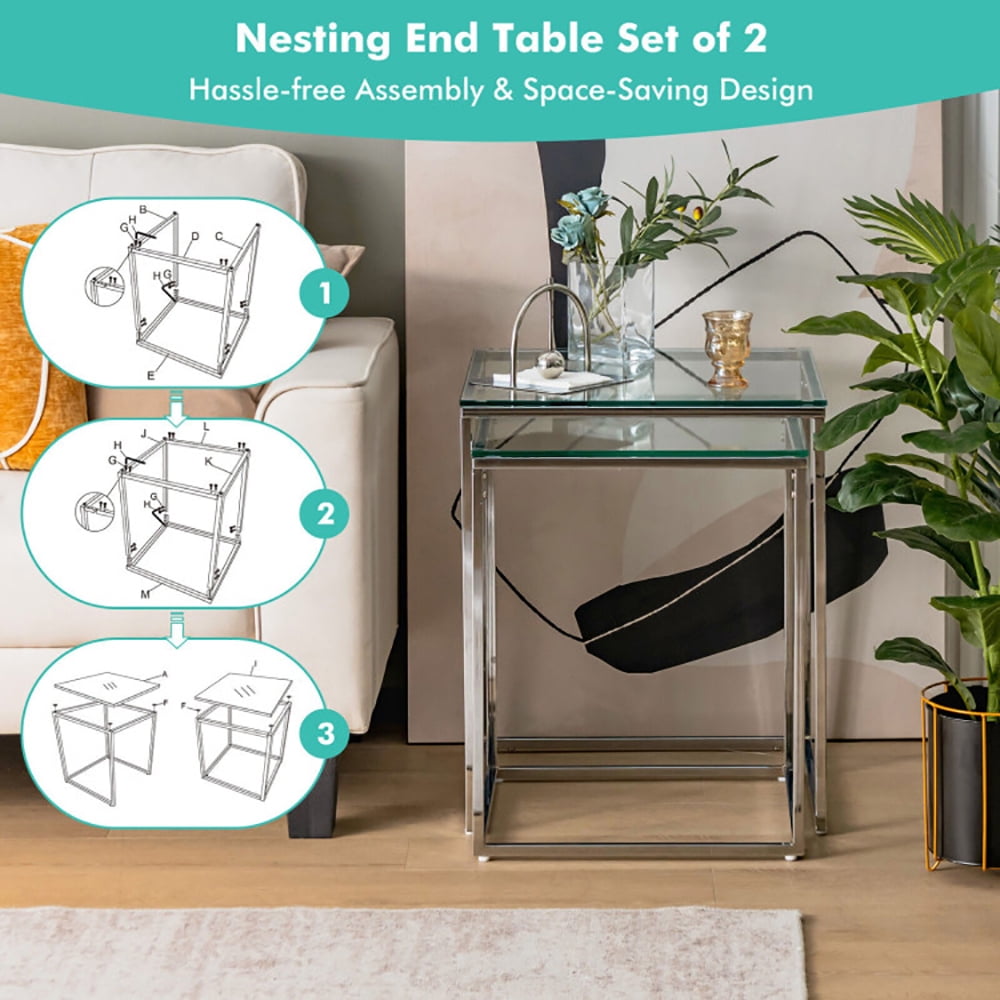 Finihen Coffee Table, Nesting Coffee Table, 2 Pieces Modern Nesting Coffee Table with Tempered Glass Top and Steel Frame, for Living Room, Reception Room, Sliver Finihen Coffee Table, Nesting Coffee Table, 2 Pieces Modern Nesting Coffee Table with Tempered Glass Top and Steel Frame, for Living Room, Reception Room, Sliver