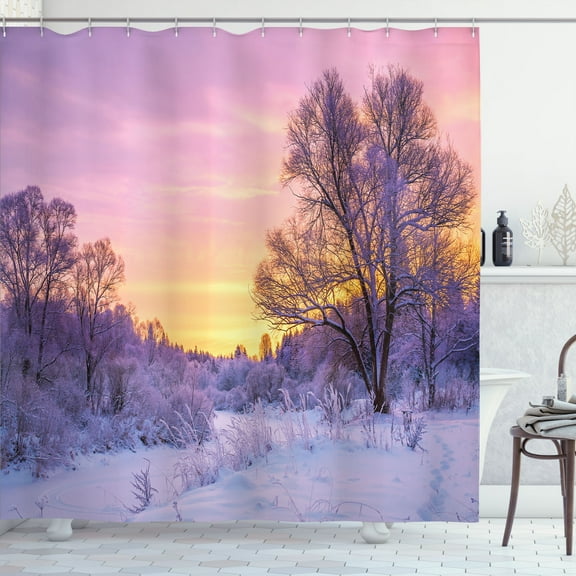Ambesonne Winter Shower Curtain, Landscape with Sunset, 69"Wx75"L, Pink White