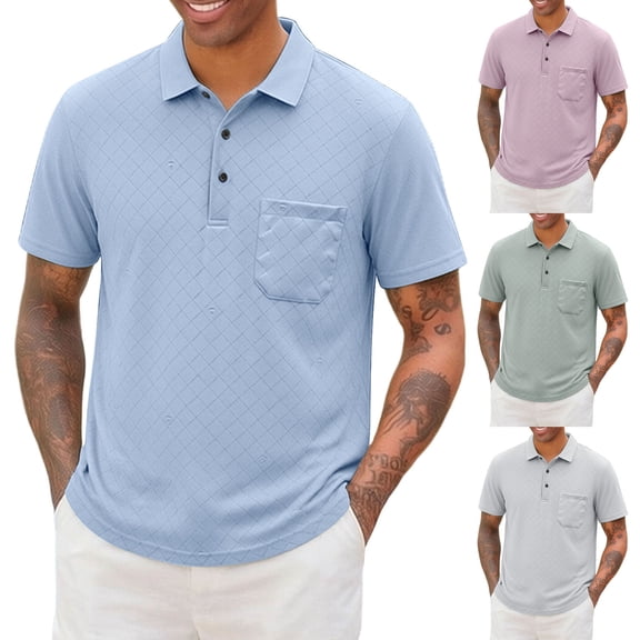 Men's Big and Tall Golf Polo Shirts Short Sleeve Pocket Performance Moisture Wicking Quick Dry Cotton Striped Golf Shirts for Men Size M-4XL Light Blue