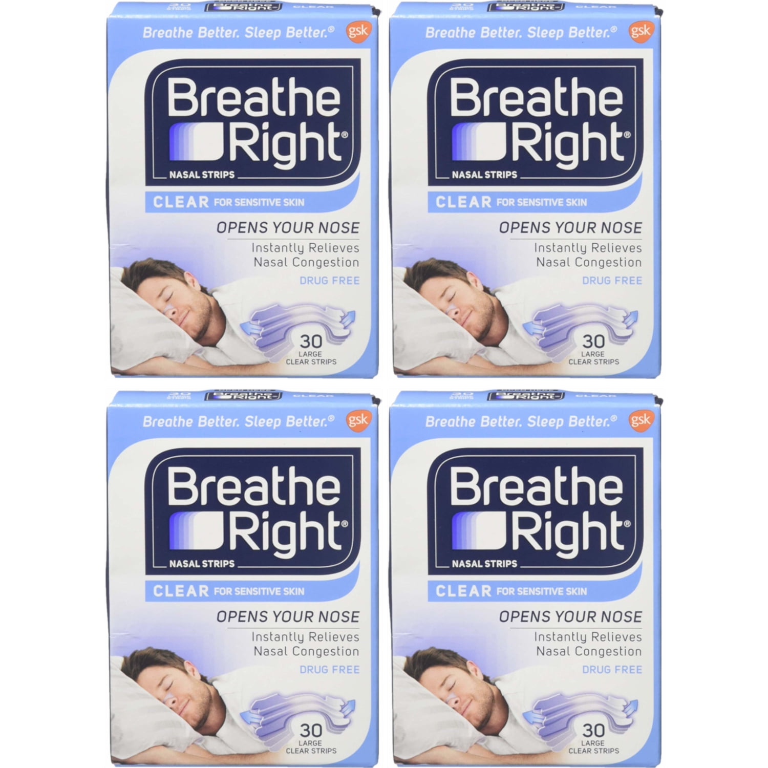 (120 Strips) Breathe Right Nasal Strips Clear Large for Sensitive Skin, You will receive 4 of the 30 count boxes. By Brand Breathe Right