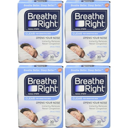 4 Pack Breathe Right Nasal Strips For Sensitive Skin - 30 Large Clear Strips (Best Medicine For Skin Allergy)