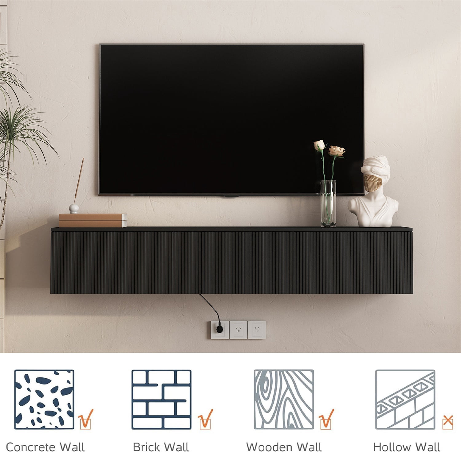 Hommoo 65" Modern Wall Mounted Floating TV Stand with 16 Color LEDs,Floating TV Cabinet Entertainment Center for 55"-65", Black