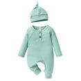 thumbnail image 1 of Baby Boys Waffle Rompers Solid Color Buttons Crew Neck Long Sleeve Infant Jumpsuits Fall Toddler Clothes Bodysuits with Hat, 1 of 9