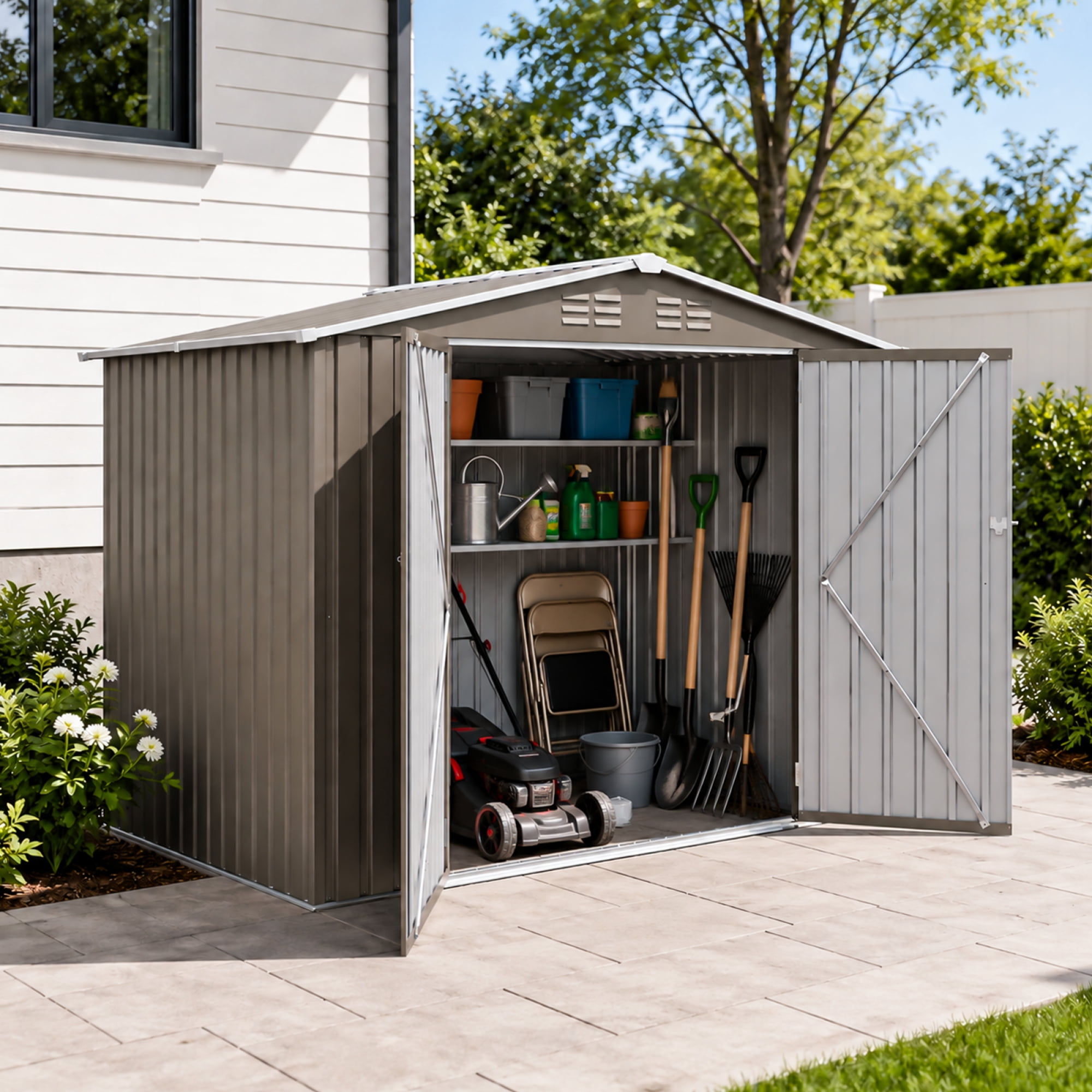 Leumius 8x6 FT Outdoor Metal Storage Shed, Galvanized Steel Panel Tool House with Lockable Double Door & Built-in Vents for Backyard, Patio, Lawn Olive Grey