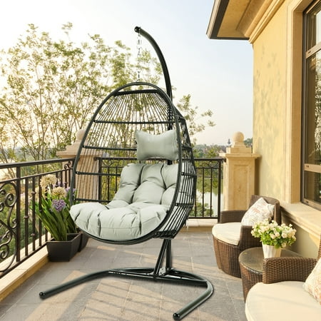 Swing Egg Chair WEPSEN Hanging Chair Indoor Outdoor Wicker Rattan Swing Hammock Chair with Pillow and Cushion Metal Frame Egg Chair Foldable Egg Chair for Outdoor Balcony Patio Porch Beige