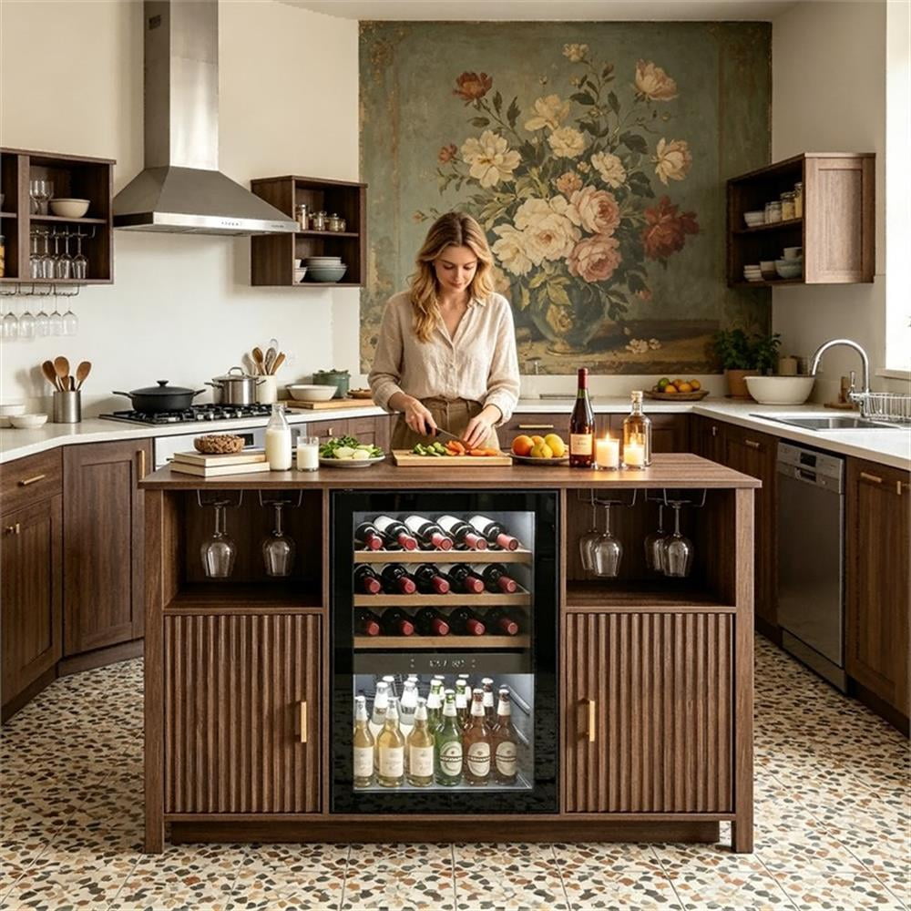 53" Brown Engineered Wood Coffee Bar Cabinet with Mini Fridge Space & Power