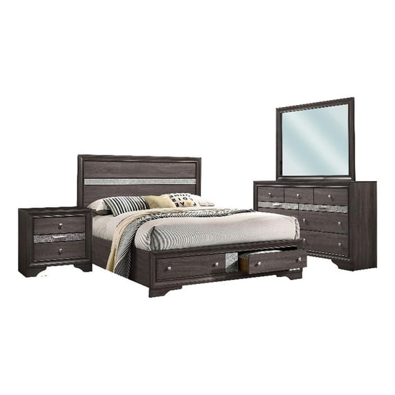 Benjara Isy Four PC King Size Bedroom Set-Silver Accent Knobs-Contemporary Gray