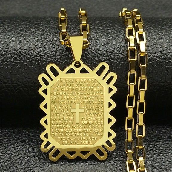 Christian Bible Lords Prayer Cross Pendant Necklace 14K Yellow Gold Necklaces Religious Jewelry