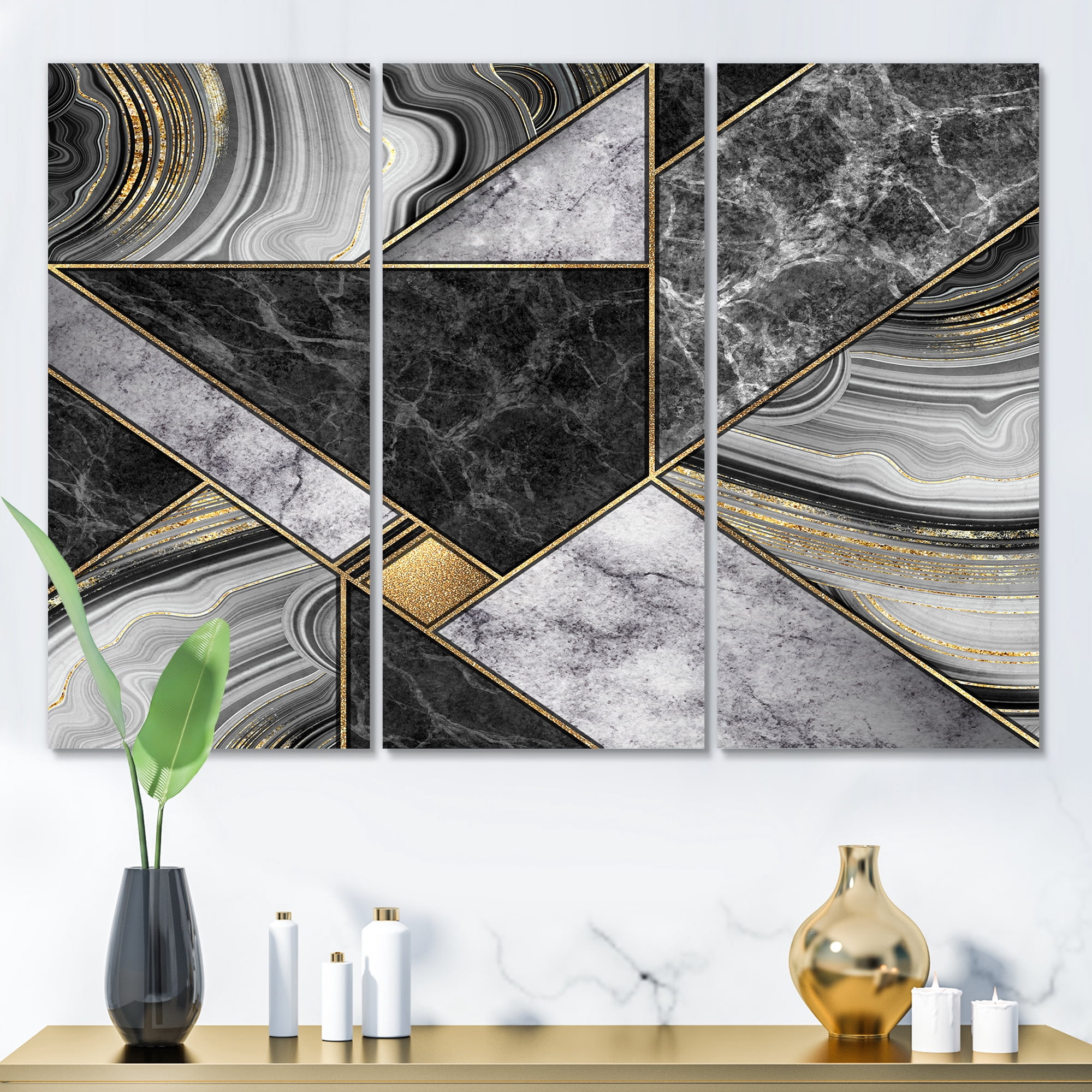 Designart ' Touches Of Gold With Marble Granite Agate ' Modern Canvas Wall Art Print