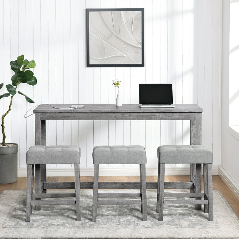 4 Piece Bar Table Set with Power Outlet Rustic Industrial Style Breakfast Table with 3 Padded Stools Dining Bar Table and Chairs Set for Living Room
