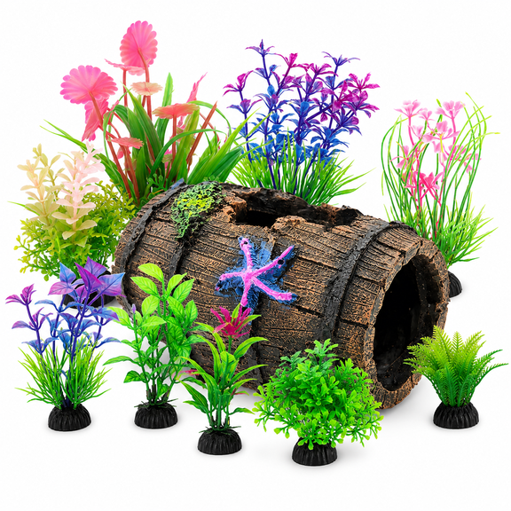 SLOCME Aquarium Decoration Set with Broken Barrel Ornament and Assorted Artificial Plants, Fish Tank Cave Hideout Décor for Freshwater and Saltwater Aquariums