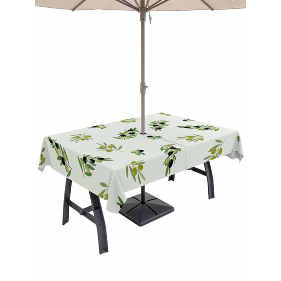 Outdoor Tablecloths with Umbrella Hole & Zipper, Spring Botanical 54x80 Inch Tablecloth Rectangle, Green Olive Berry Branches Leaves Fruit Waterproof Table Cloth, Patio/Pool/Picnic Table Covers